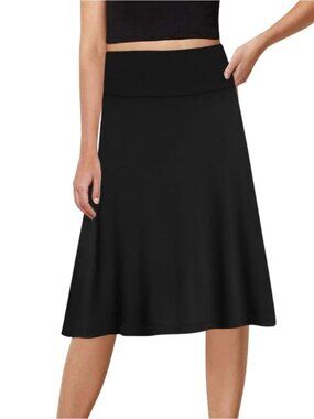 A-Line Midi Skirt High Waist Knee Length Flared Flowy Stretchy Casual Work